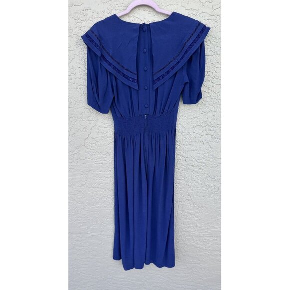 VTG Karin Stevens Blue Yoke Collar Dress  Size 8 Nautical Button Midi Pleated - Picture 7 of 10